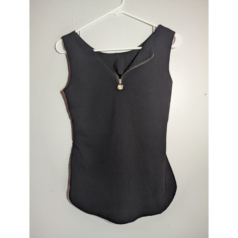 Women's Black Knit Sleeveless V-Neck Tank Top with Hello Kitty Zipper Accent